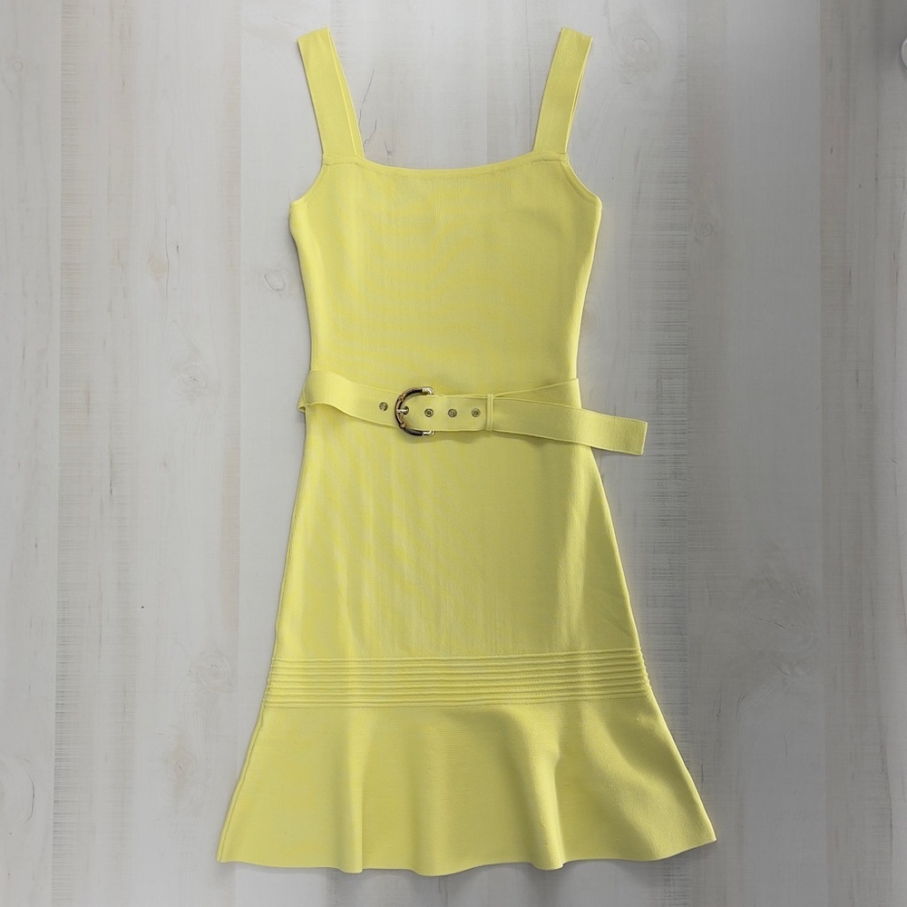 MARCIANO x guess yellow bamboo belted stretch mini dress event wedding travel S - Picture 2 of 8